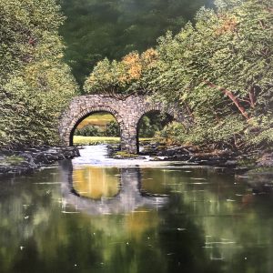 Oil painting of an old stone bridge over a weir, original Irish art by Will Collins artist