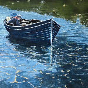 Oil painting of a fisherman in a boat, original Irish art by Will Collins artist