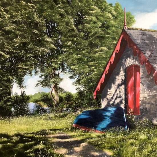 Oil painting of a boat house on Lough Leane, original Irish art by Will Collins artist