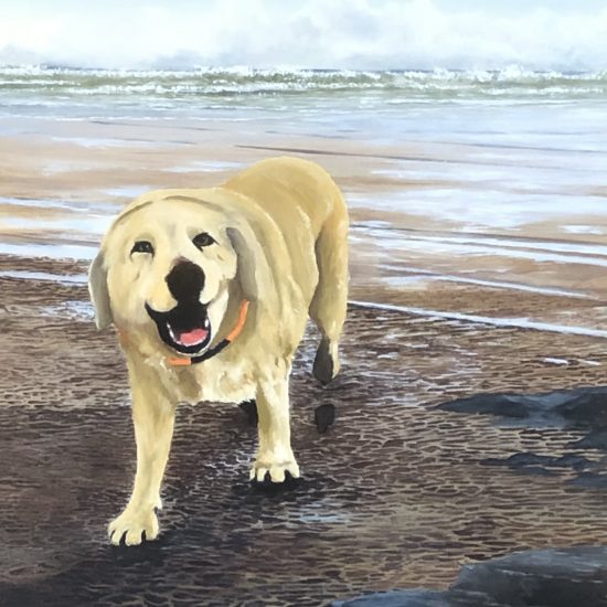 Portrait of a golden Labrador on the beach, original Irish art by Will Collins artist