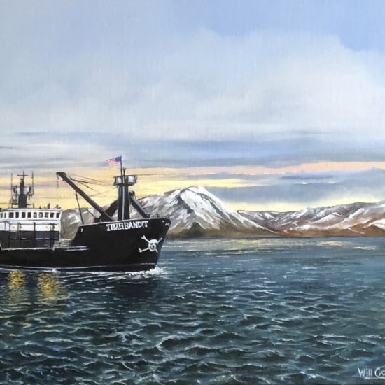Oil painting of a trawler at sea, original Irish art by Will Collins artist