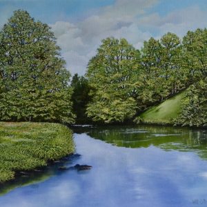 Oil painting of a river & meadow, original Irish art by Will Collins artist